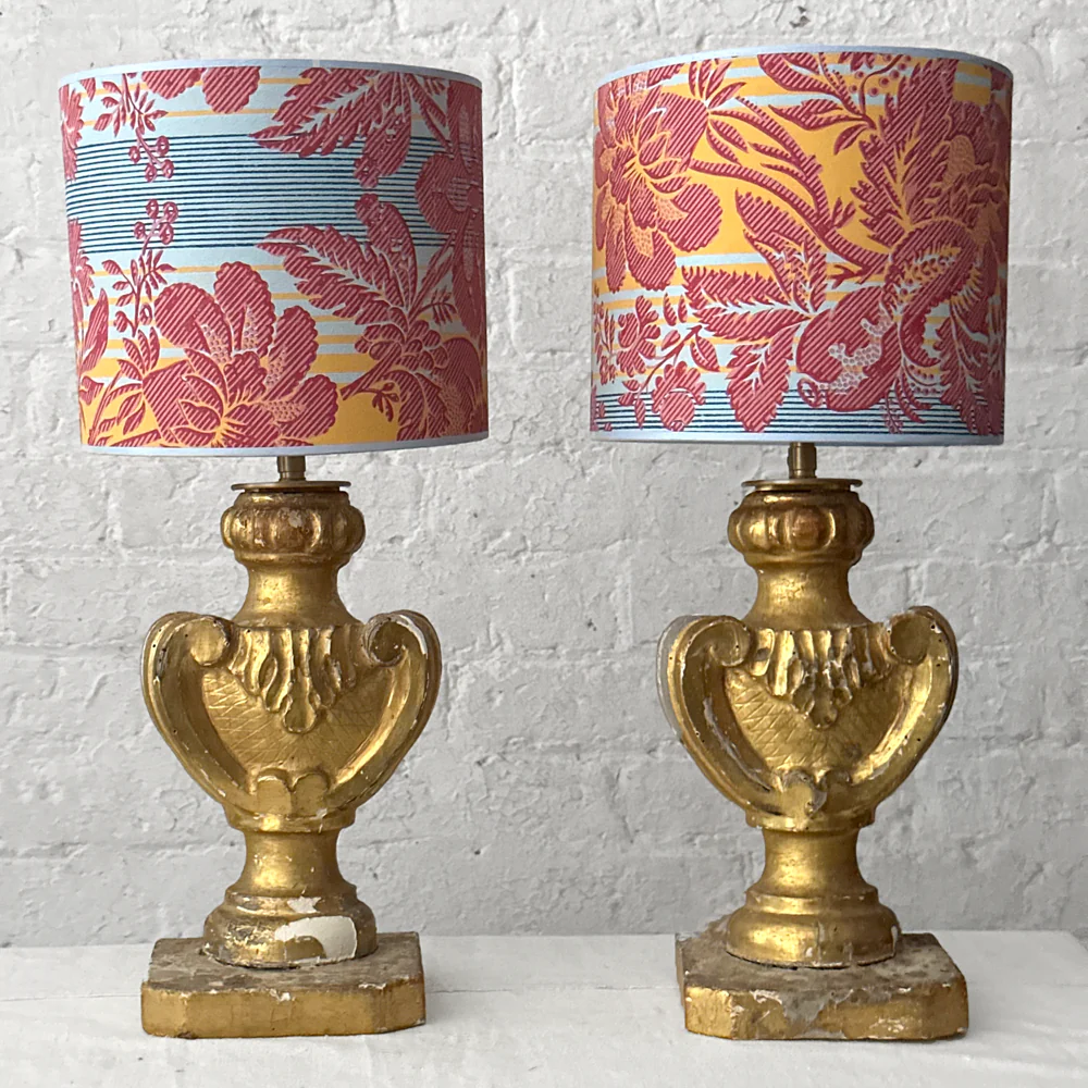 7" H Antique French Paper Custom Drum Lampshade Pair #A16