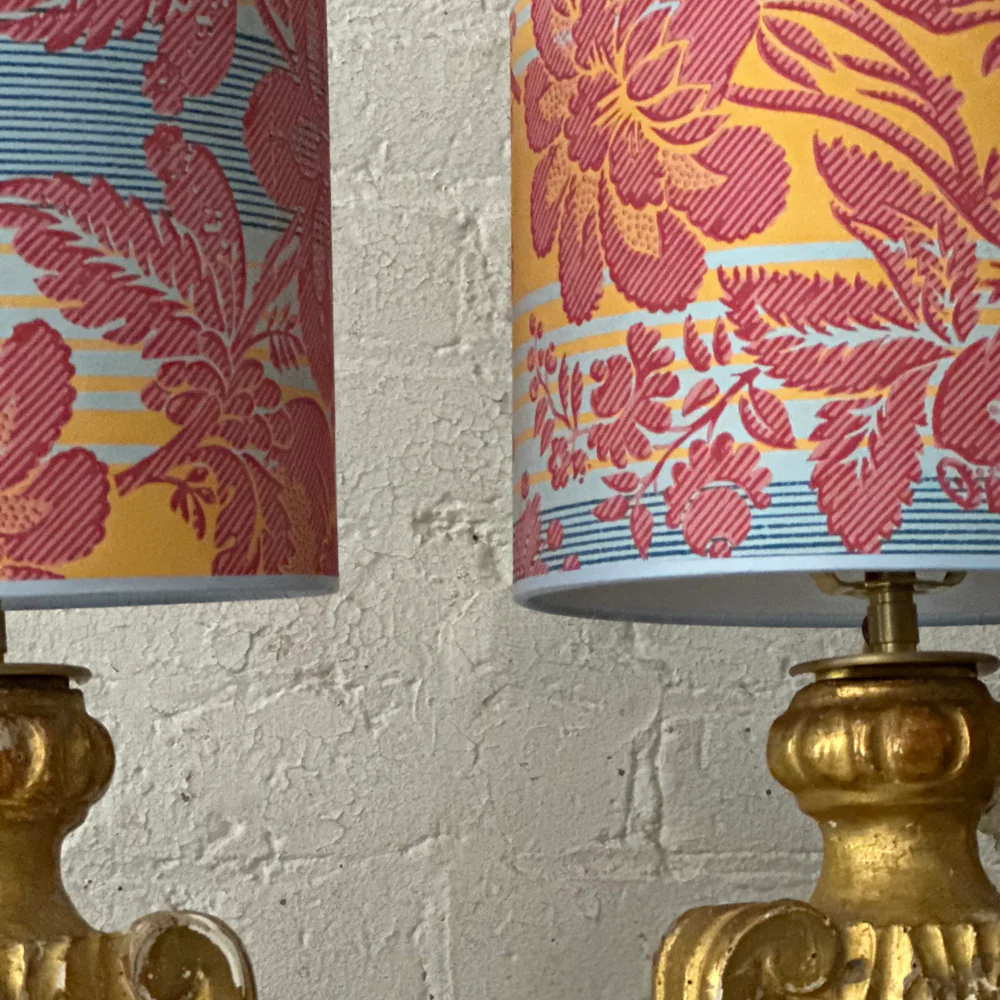 7" H Antique French Paper Custom Drum Lampshade Pair #A16 - Image 2