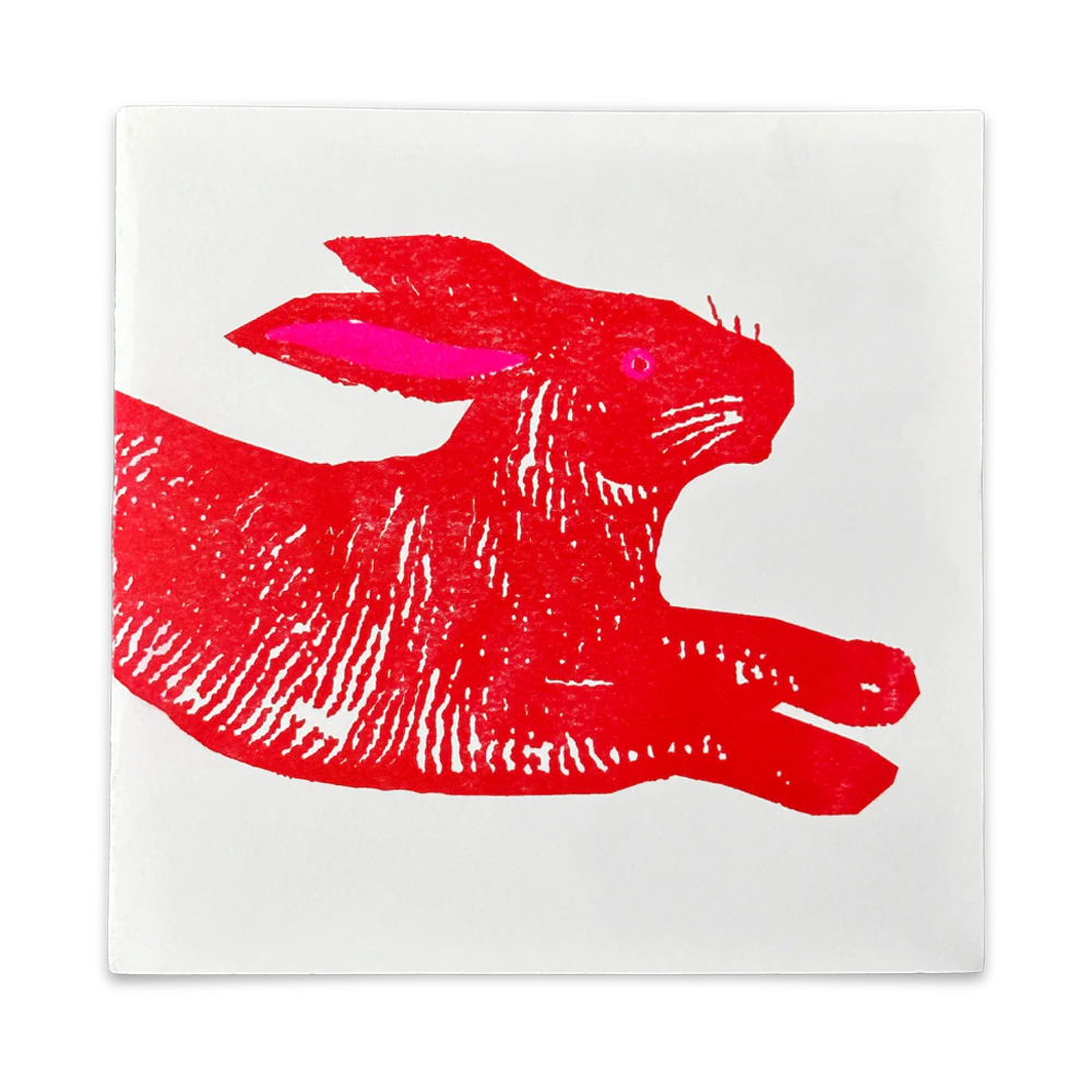 Block Printed Red Rabbit Folded Card