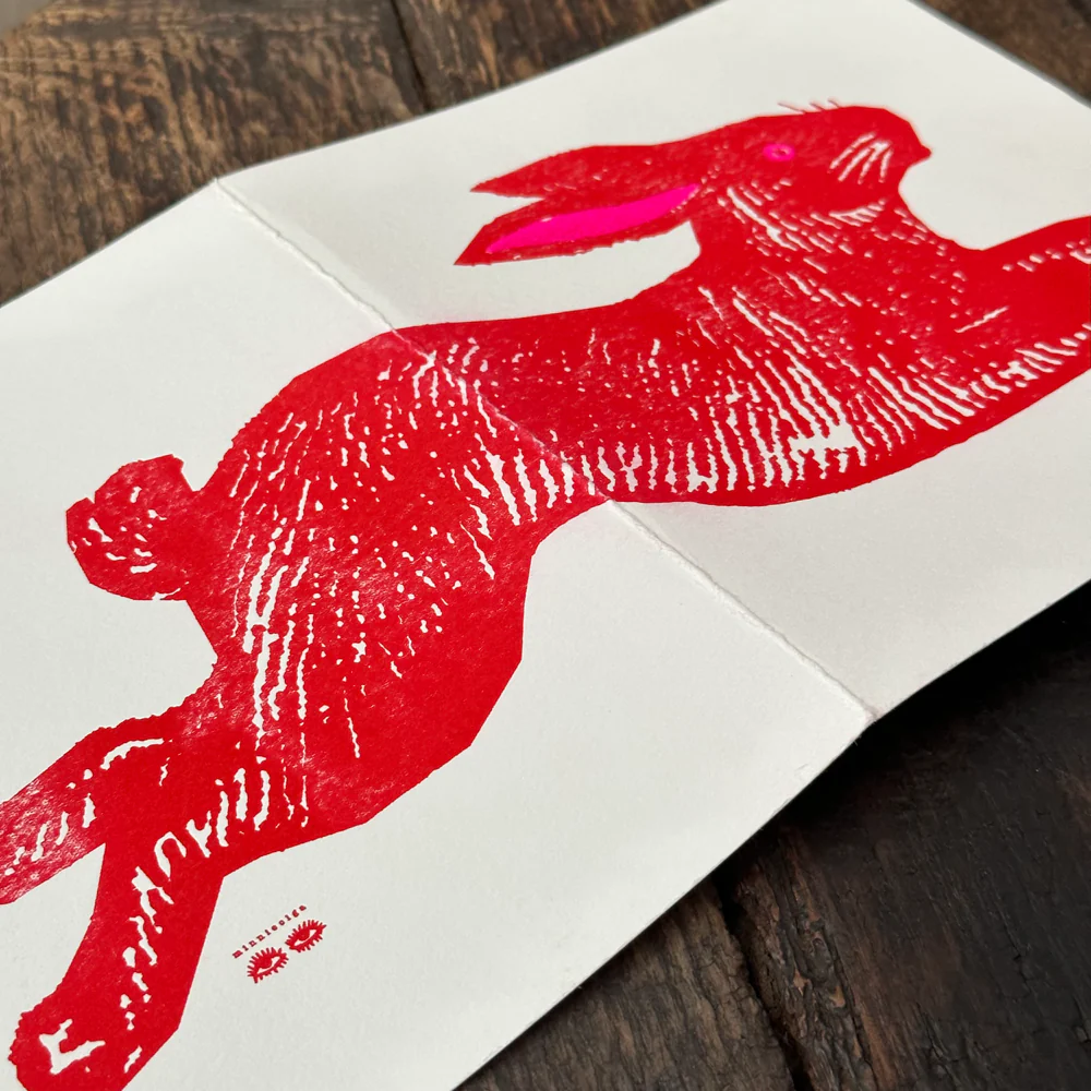 Block Printed Red Rabbit Folded Card - Image 2
