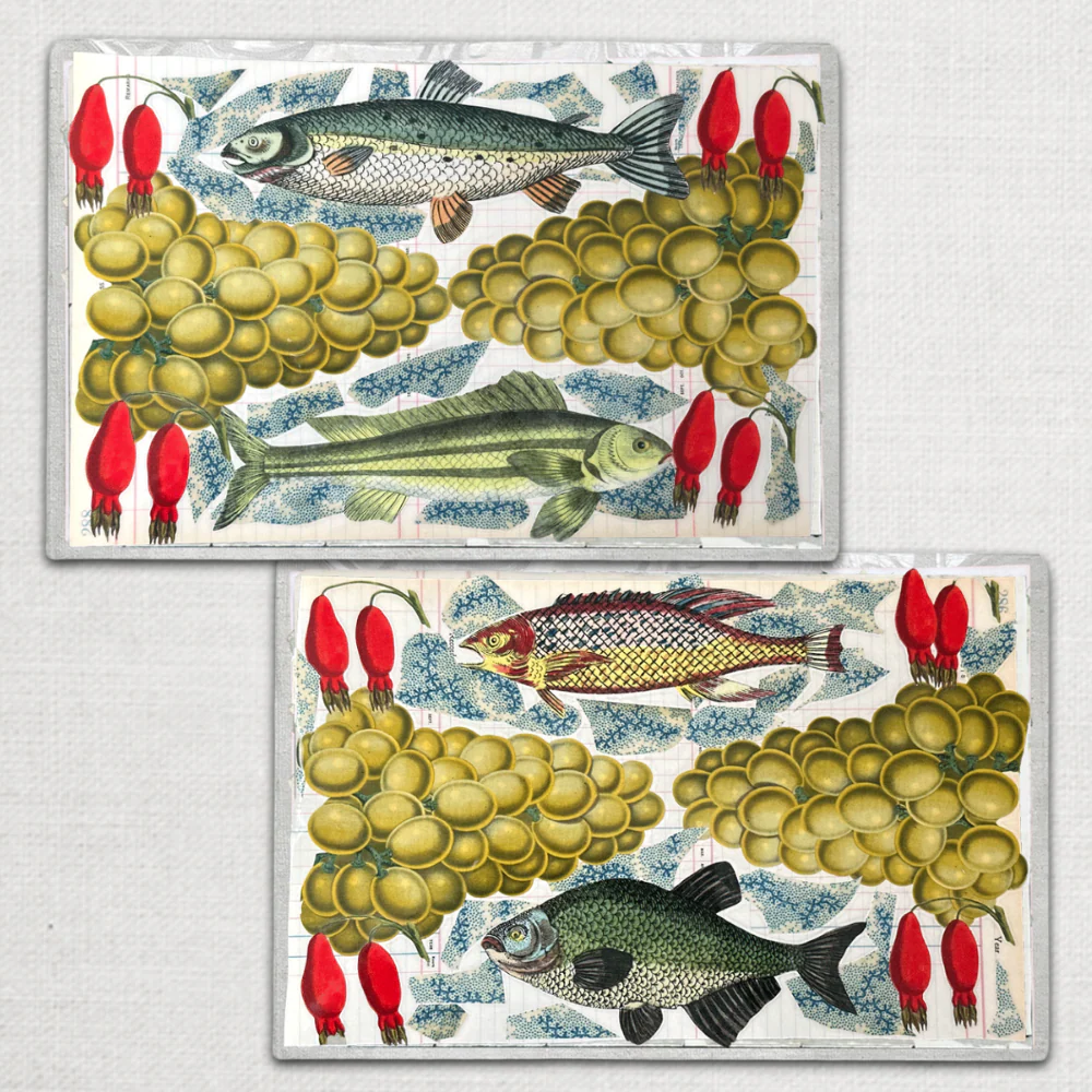 One of a Kind Collaged Fish Mat Pair